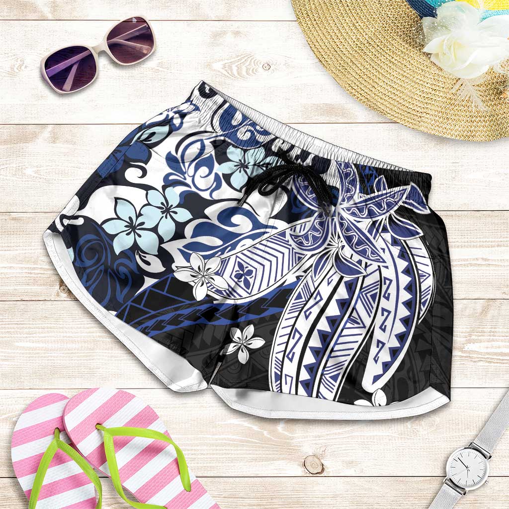Monstera Plumeria Flowers Blue Shorts for Women Polynesian Pattern