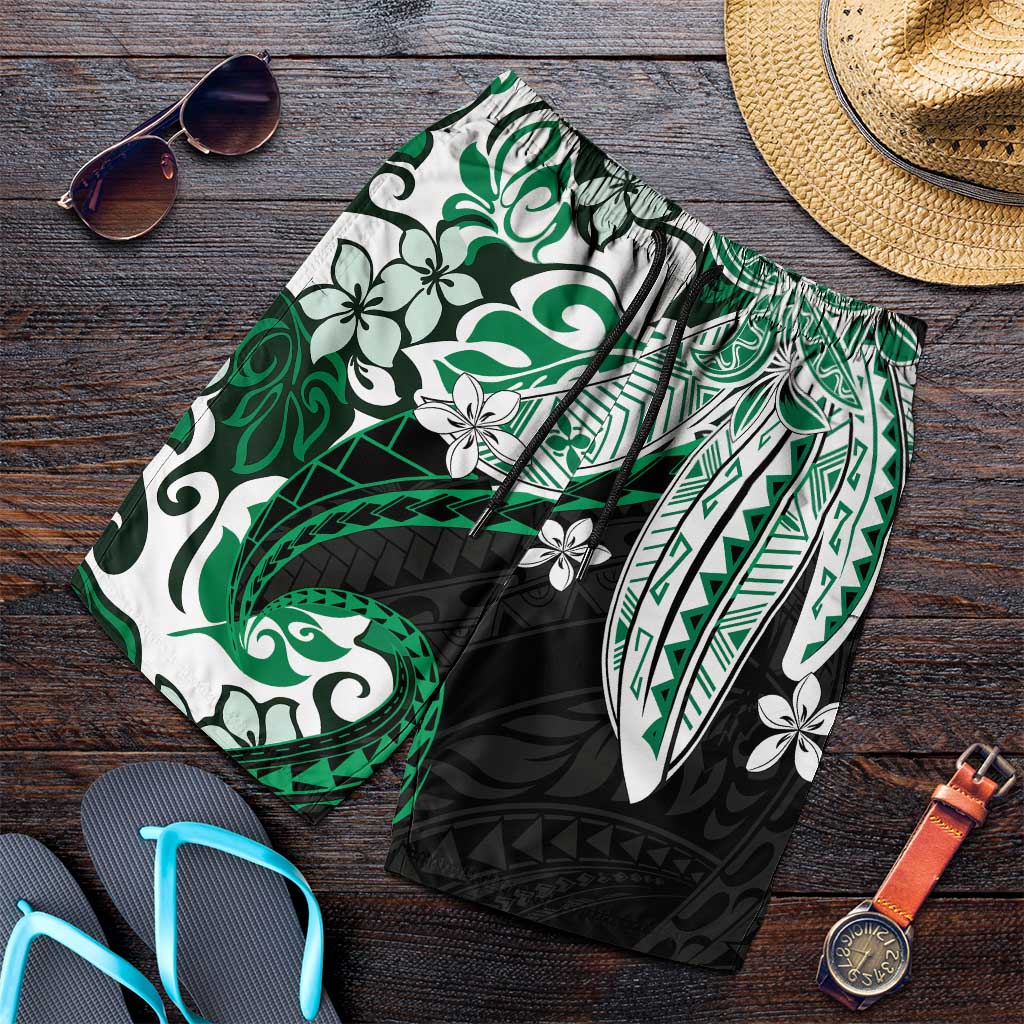 Monstera Plumeria Flowers Green Shorts for Men Polynesian Pattern