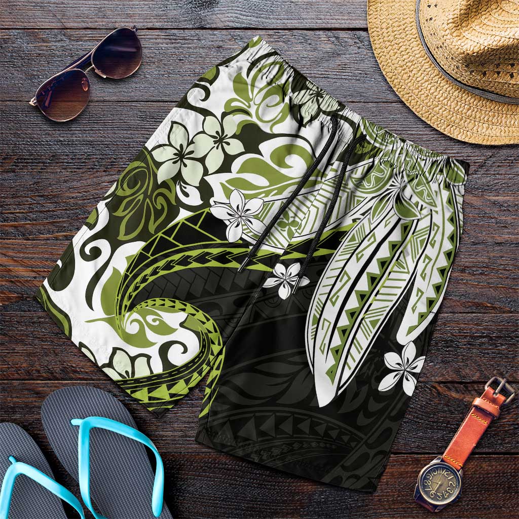 Monstera Plumeria Flowers Olive Green Shorts for Men Polynesian Pattern