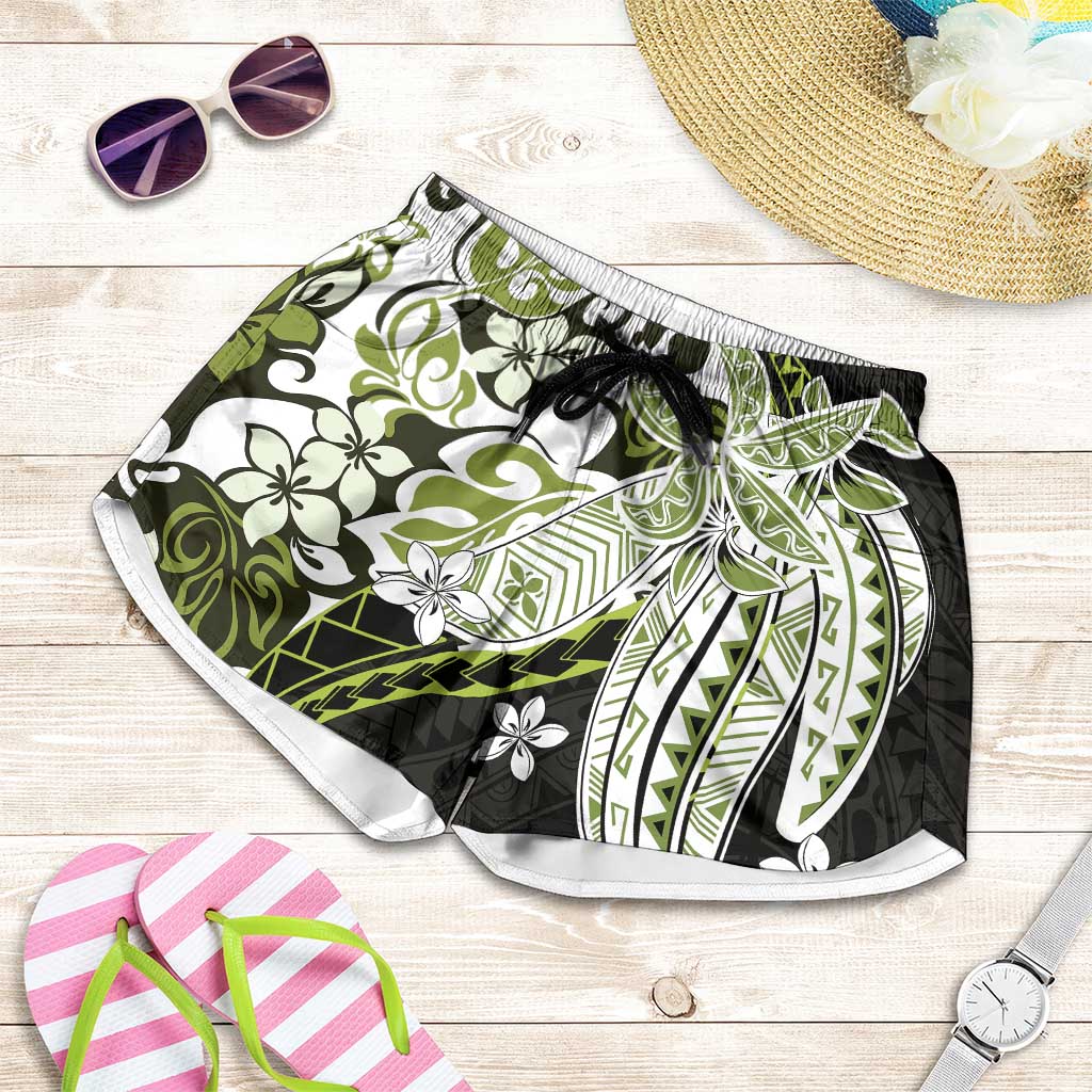 Monstera Plumeria Flowers Olive Green Shorts for Women Polynesian Pattern