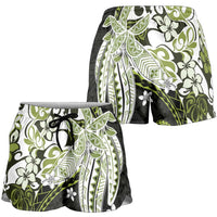 Monstera Plumeria Flowers Olive Green Shorts for Women Polynesian Pattern