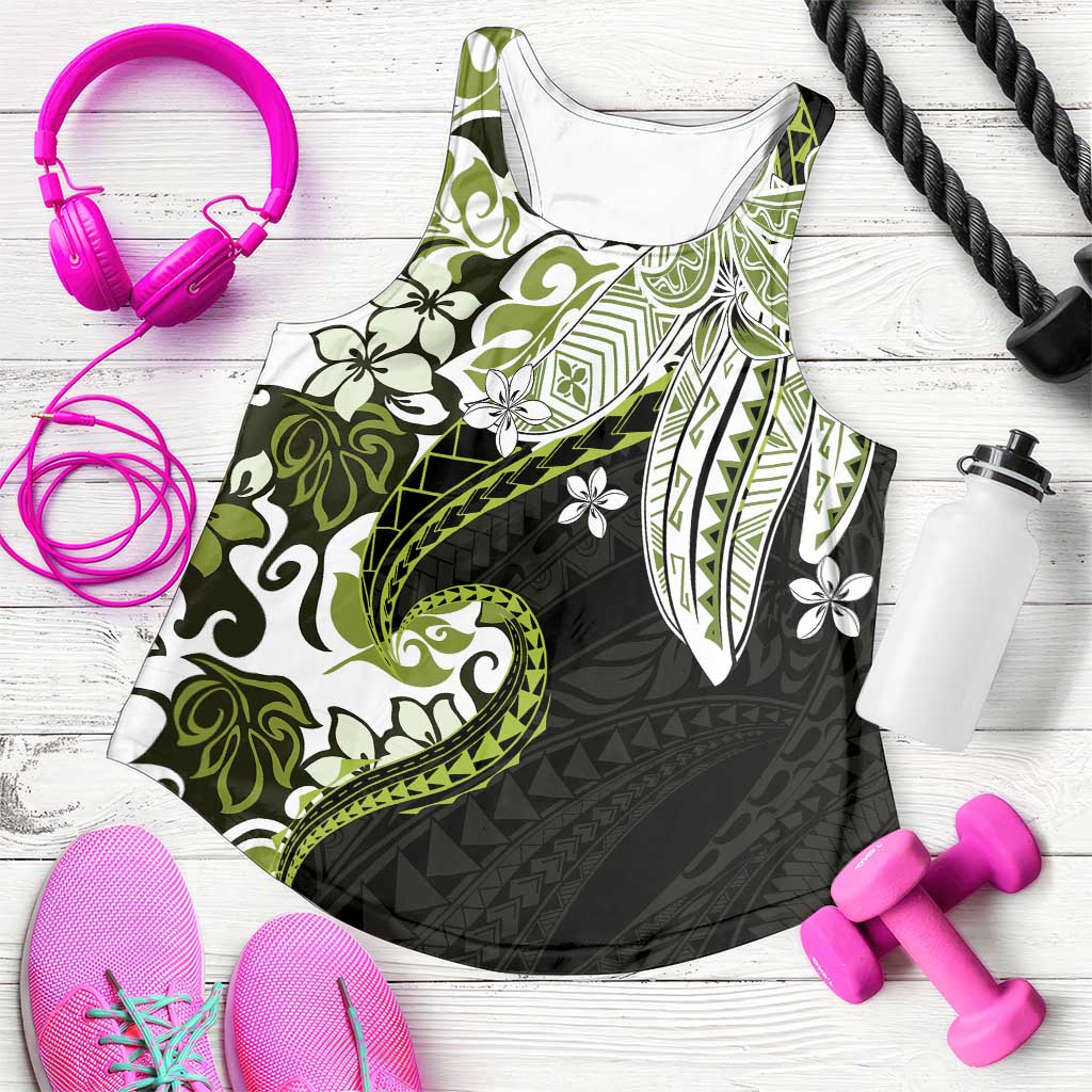 Monstera Plumeria Flowers Olive Green Women Racerback Tank Polynesian Pattern