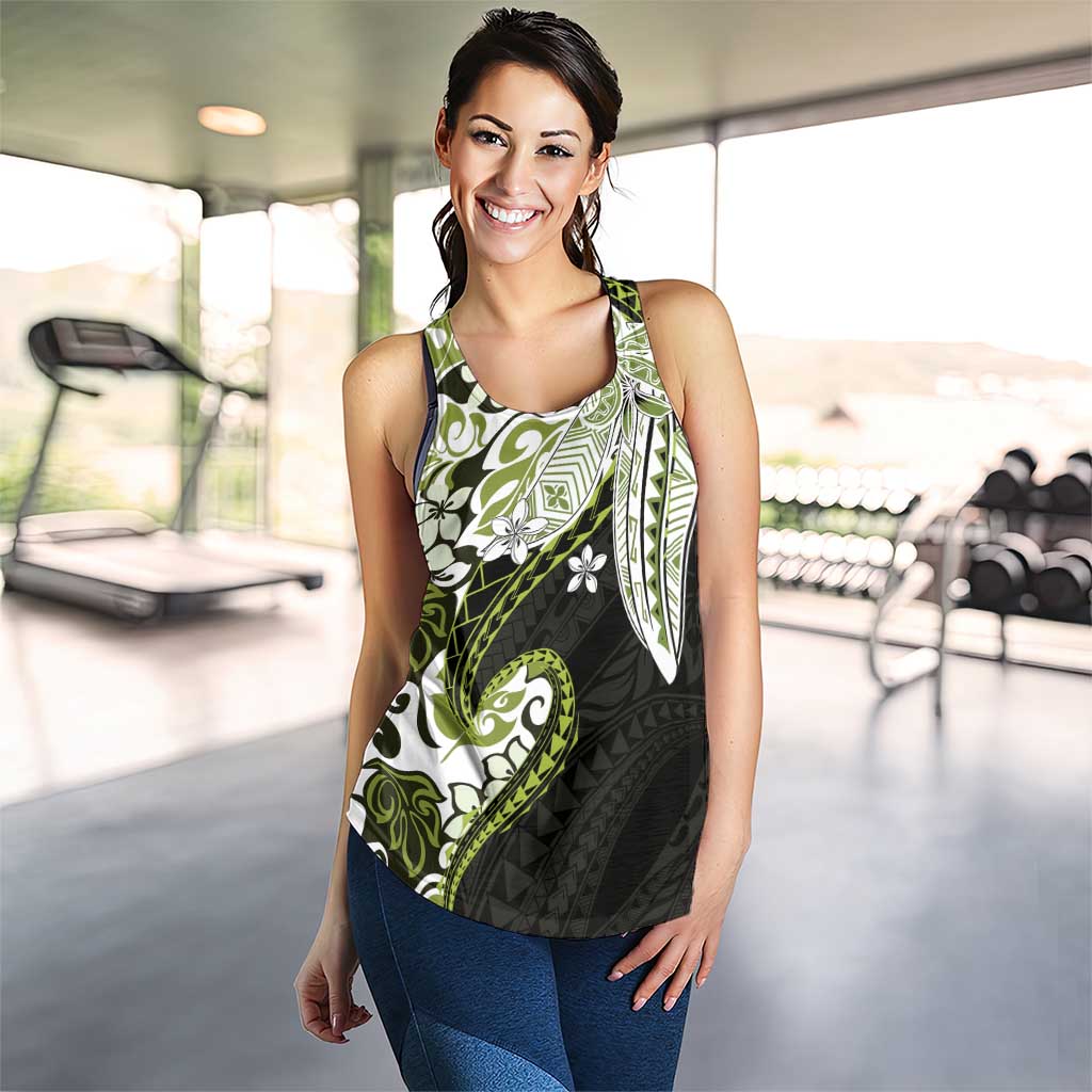 Monstera Plumeria Flowers Olive Green Women Racerback Tank Polynesian Pattern
