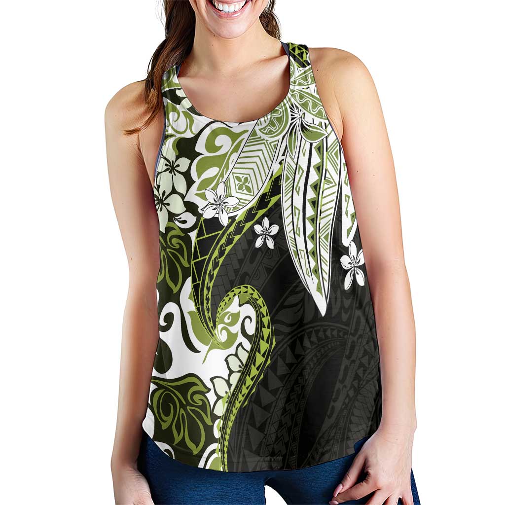 Monstera Plumeria Flowers Olive Green Women Racerback Tank Polynesian Pattern