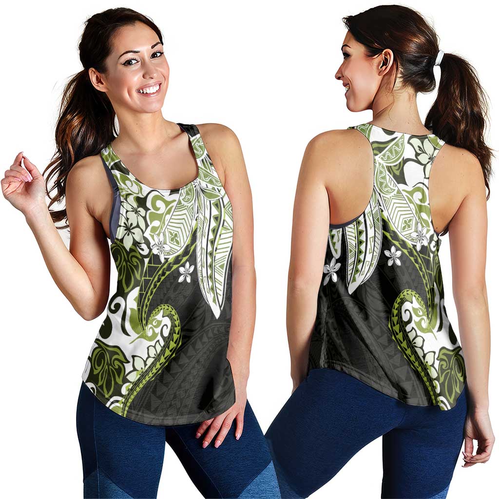 Monstera Plumeria Flowers Olive Green Women Racerback Tank Polynesian Pattern
