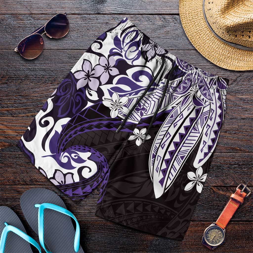 Monstera Plumeria Flowers Purple Shorts for Men Polynesian Pattern