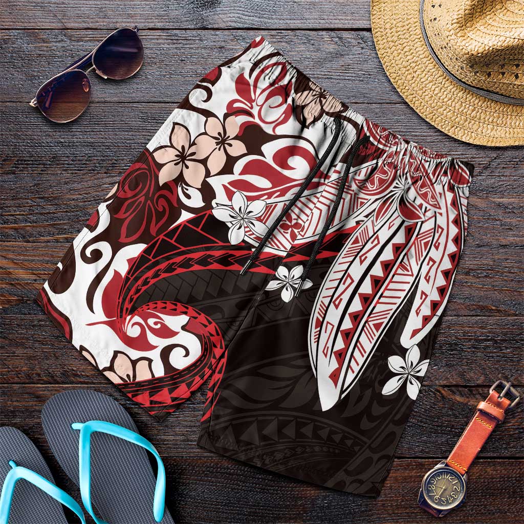 Monstera Plumeria Flowers Red Shorts for Men Polynesian Pattern