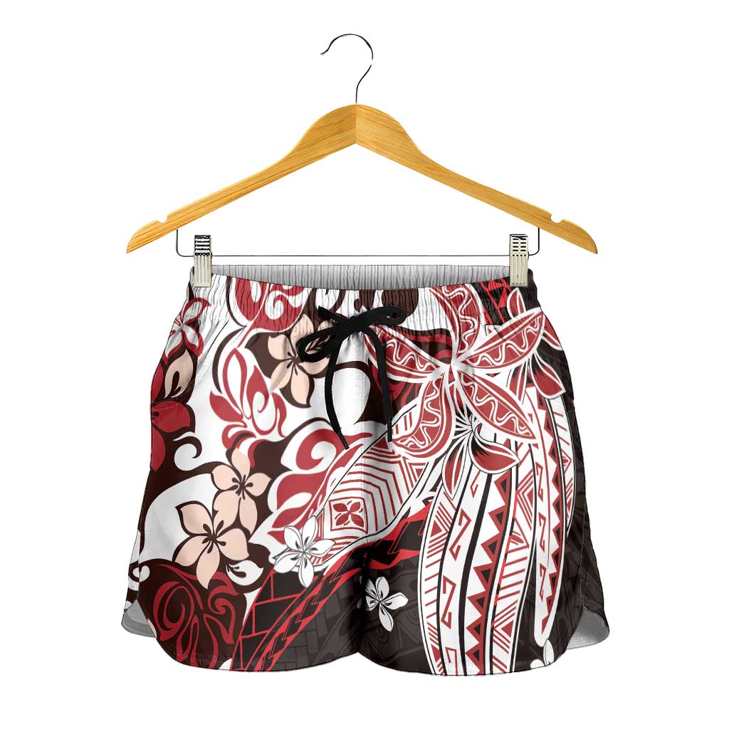 Monstera Plumeria Flowers Red Shorts for Women Polynesian Pattern