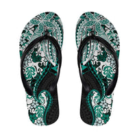 Monstera Plumeria Flowers Teal Flip Flops Polynesian Pattern
