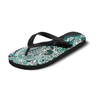 Monstera Plumeria Flowers Teal Flip Flops Polynesian Pattern