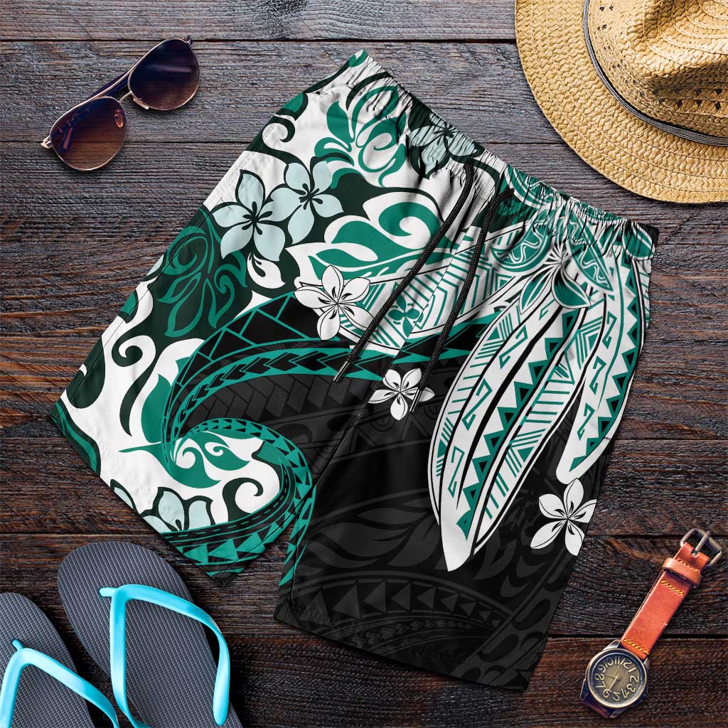 Monstera Plumeria Flowers Teal Shorts for Men Polynesian Pattern