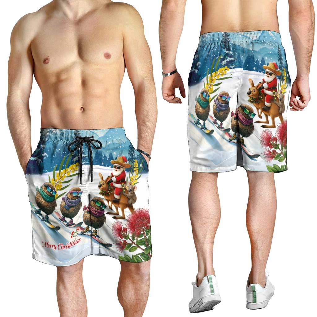 New Zealand and Australia Merry Christmas Shorts for Men Kiwi Birds Skiing and Koala Santa Riding Kangaroo