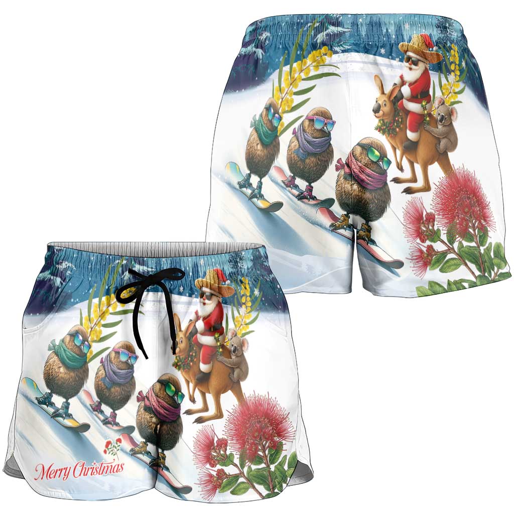 New Zealand and Australia Merry Christmas Shorts for Women Kiwi Birds Skiing and Koala Santa Riding Kangaroo