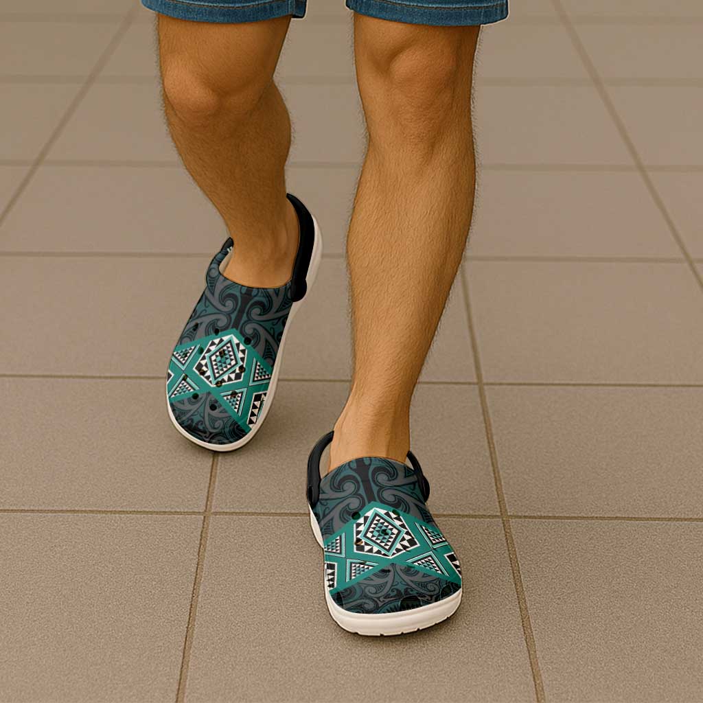 New Zealand Aotearoa Clogs Shoes Turquoise Taniko Art Maori Pattern - Polynesian Pride