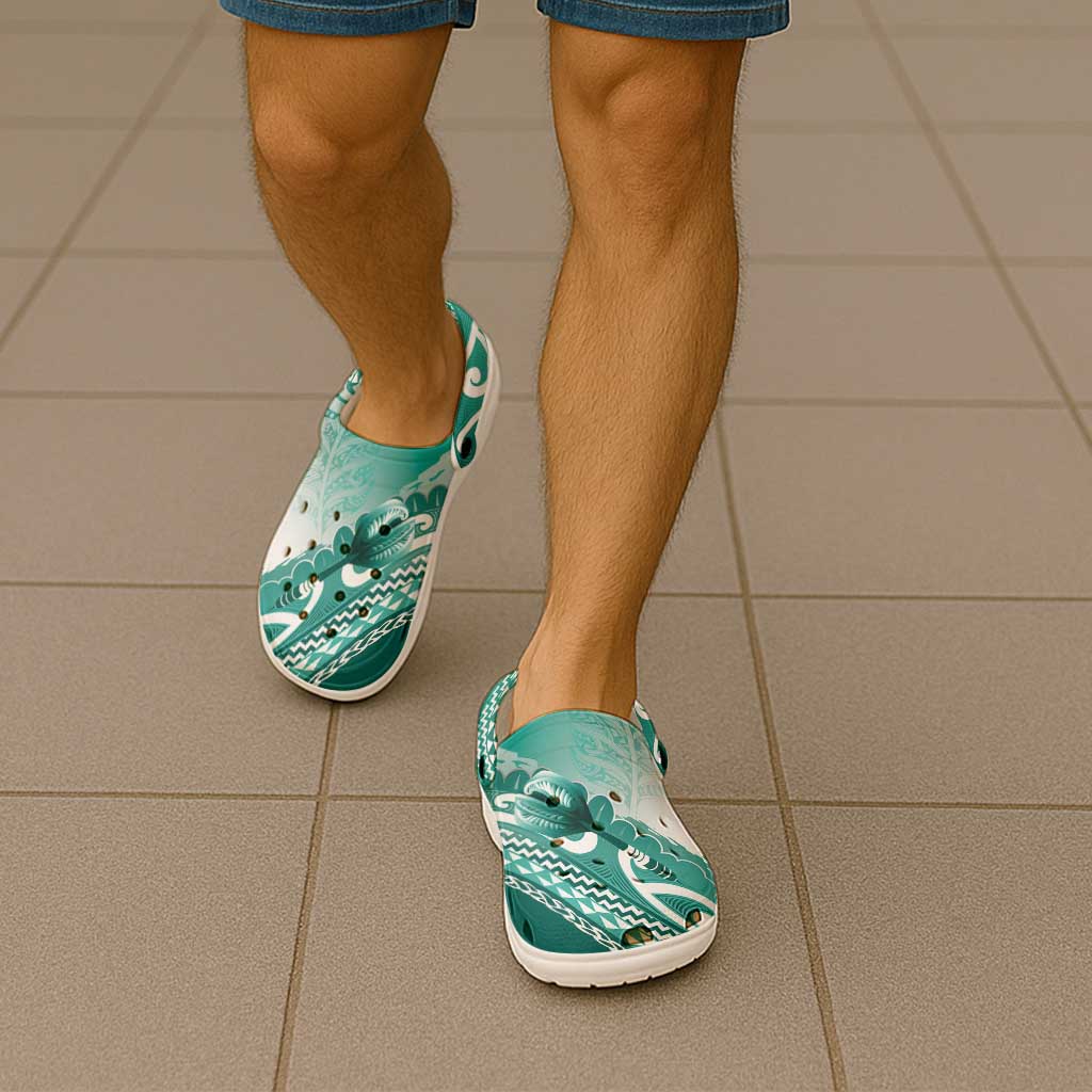 New Zealand Aotearoa Darts Masters Clogs Shoes Maori Art Tattoo with Tribal Dart Symbol Teal Color - Polynesian Pride