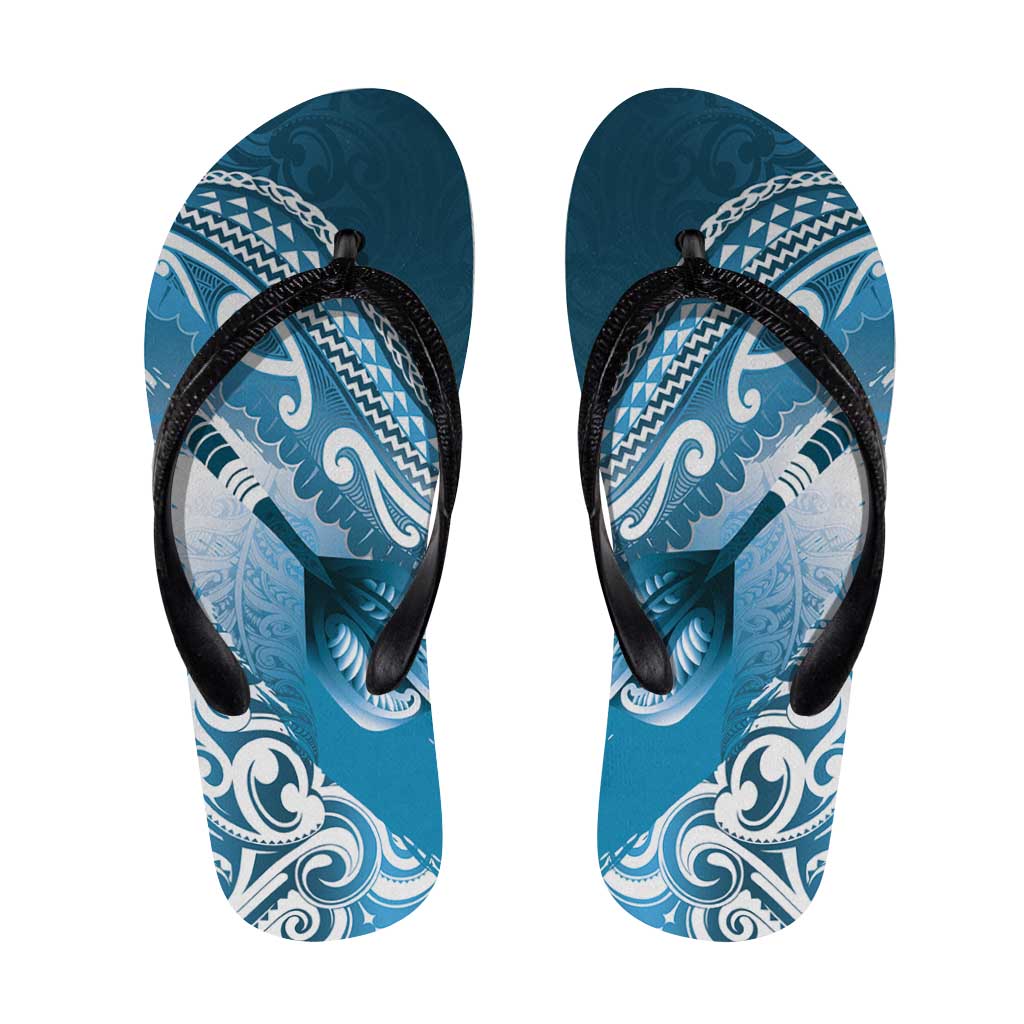 New Zealand Aotearoa Darts Masters Flip Flops Maori Art Tattoo with Tribal Dart Symbol Blue - Polynesian Pride