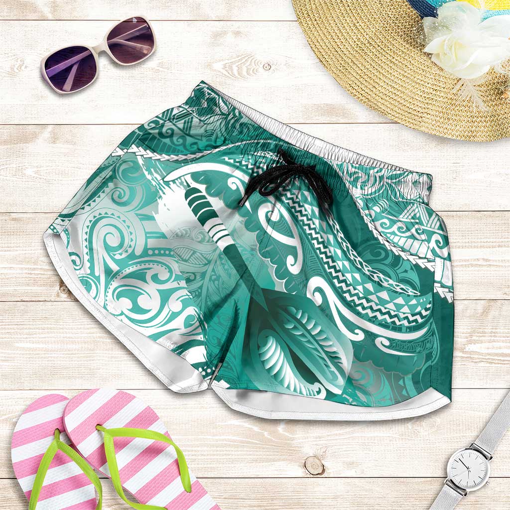 New Zealand Aotearoa Darts Masters Shorts for Women Maori Art Tattoo with Tribal Dart Symbol Teal Color - Polynesian Pride