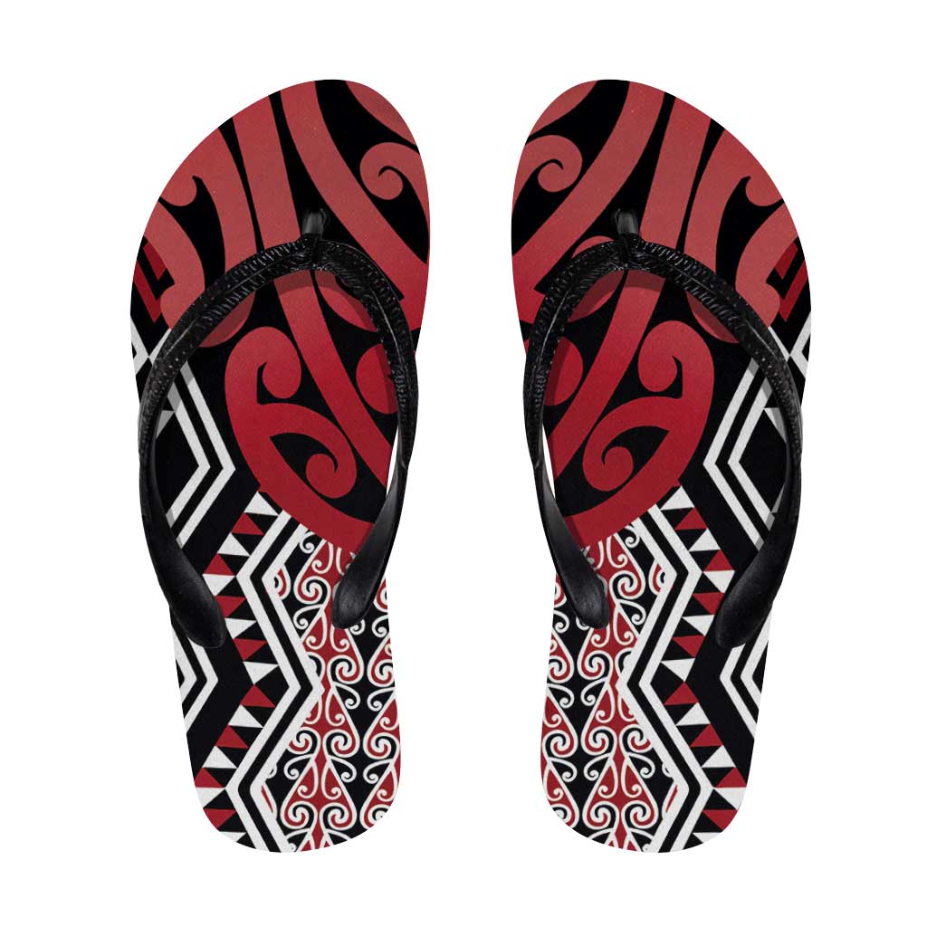 New Zealand Flip Flops Aotearoa Kowhaiwhai Mix Taniko Art - Red - Polynesian Pride