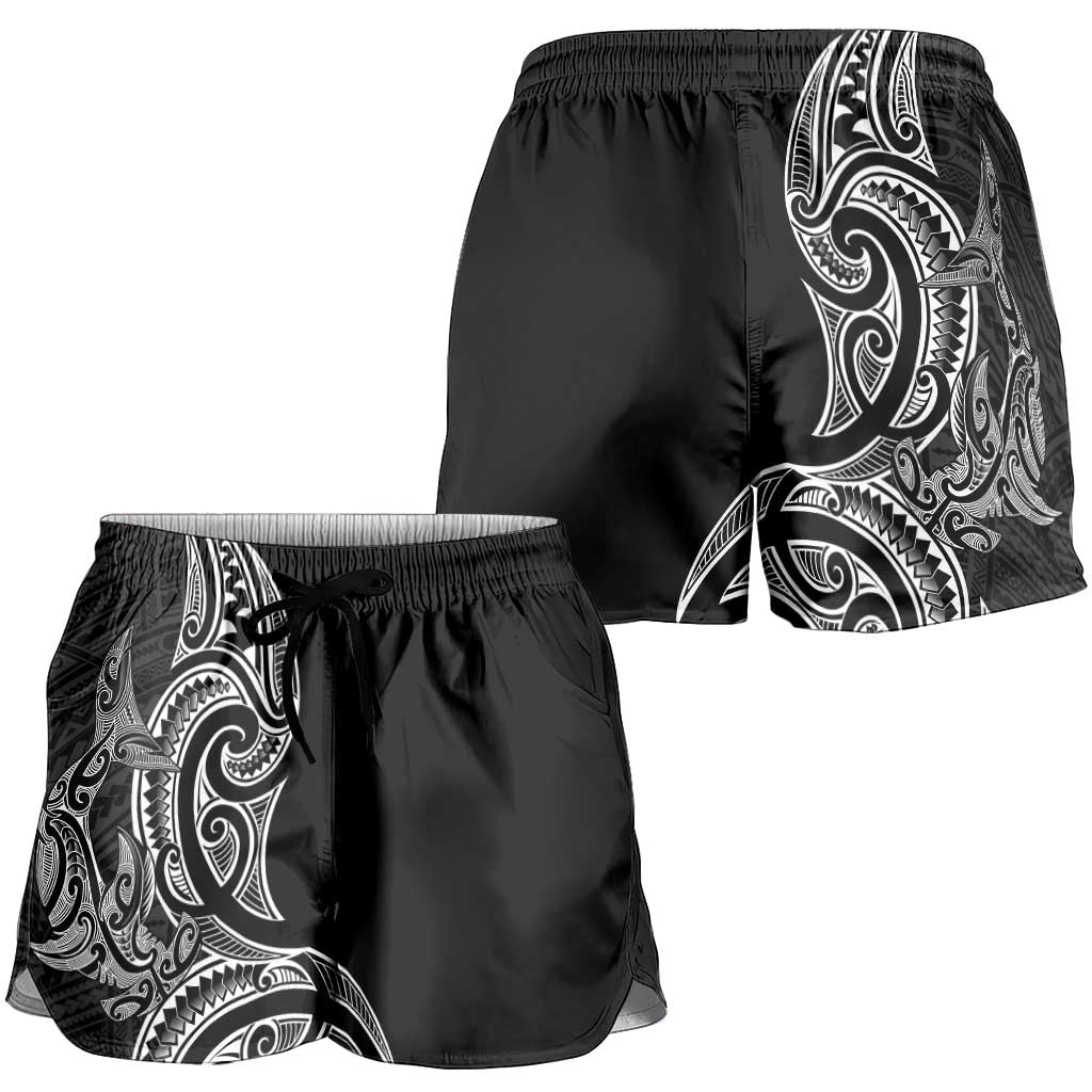 New Zealand Hammerhead Shark Shorts for Women Maori Haehae Mangopare Black - Polynesian Pride