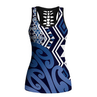 New Zealand Hollow Tank Top Aotearoa Kowhaiwhai Mix Taniko Art - Blue