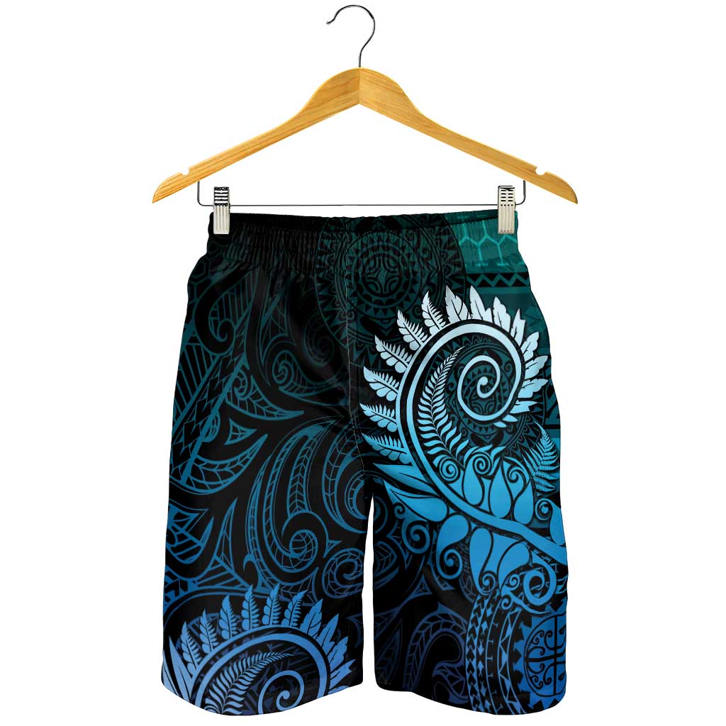 New Zealand Maori Koru Fern Shorts for Men Spiral Polynesian Style Aqua Gradient