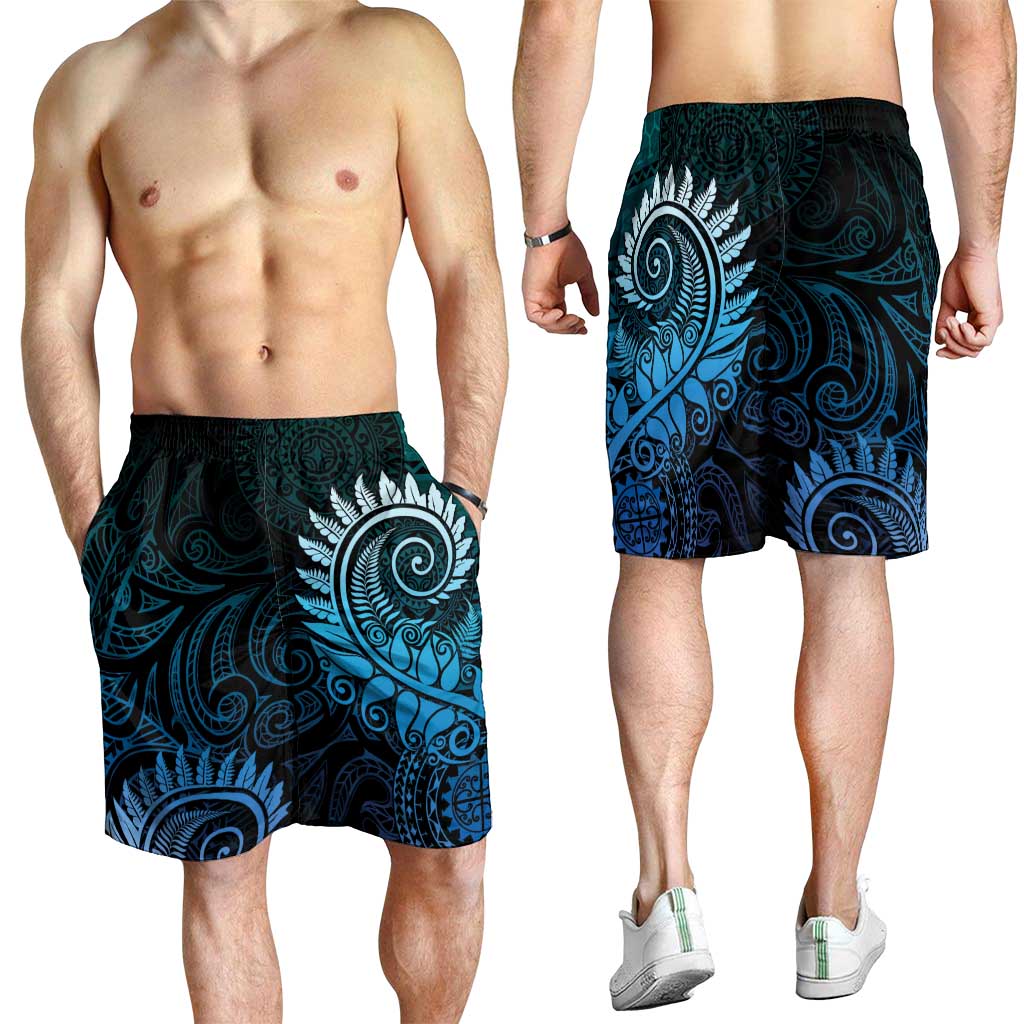 New Zealand Maori Koru Fern Shorts for Men Spiral Polynesian Style Aqua Gradient