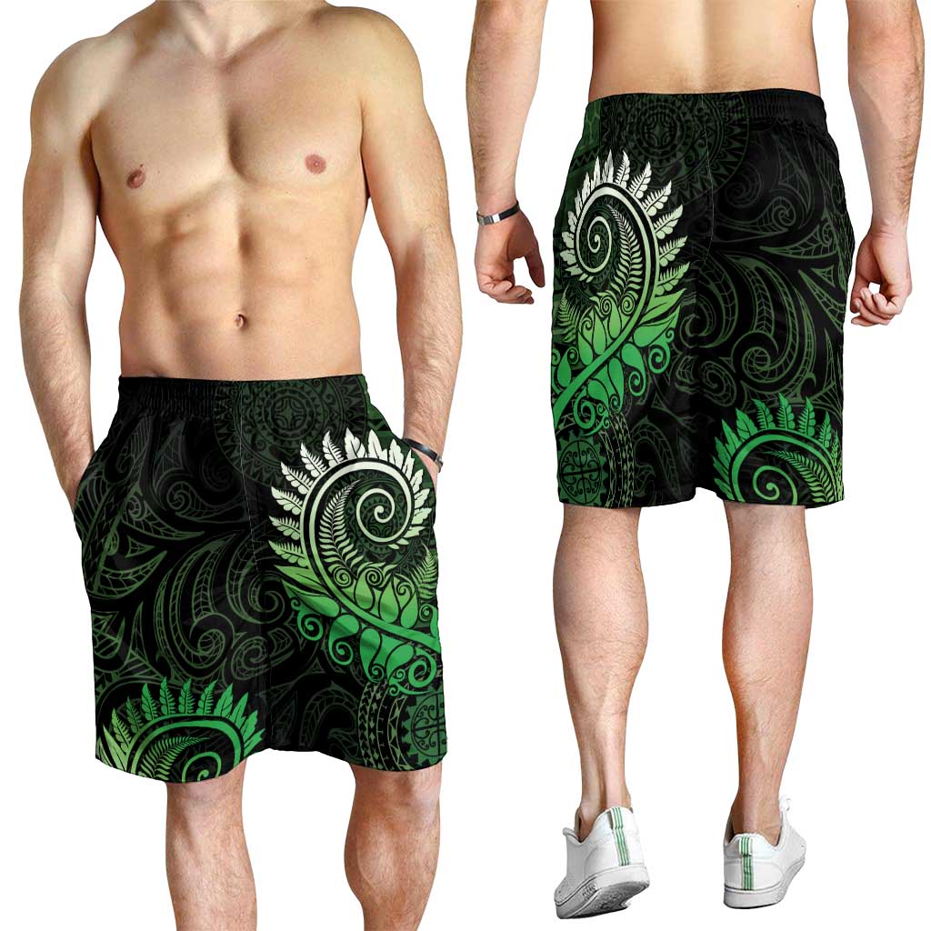 New Zealand Maori Koru Fern Shorts for Men Spiral Polynesian Style Green
