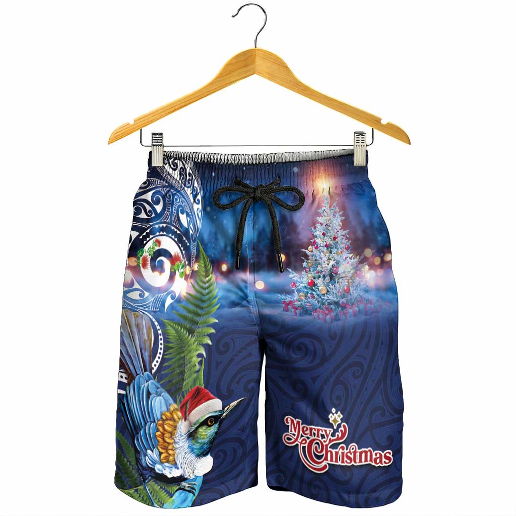 New Zealand Merry Christmas Shorts for Men Maori Tribal Pattern with Xmas Tui Bird