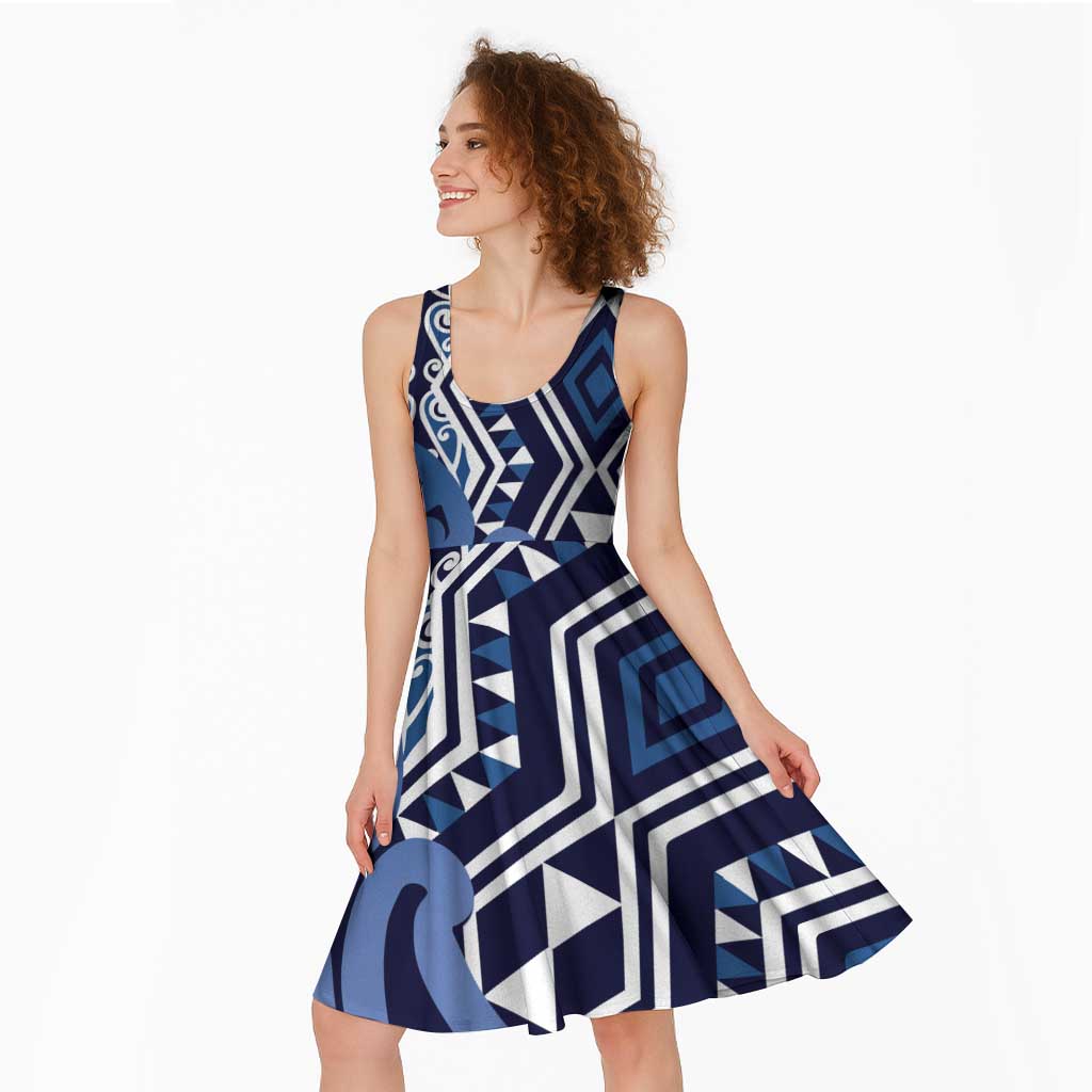 New Zealand Midi Dress Aotearoa Kowhaiwhai Mix Taniko Art - Blue