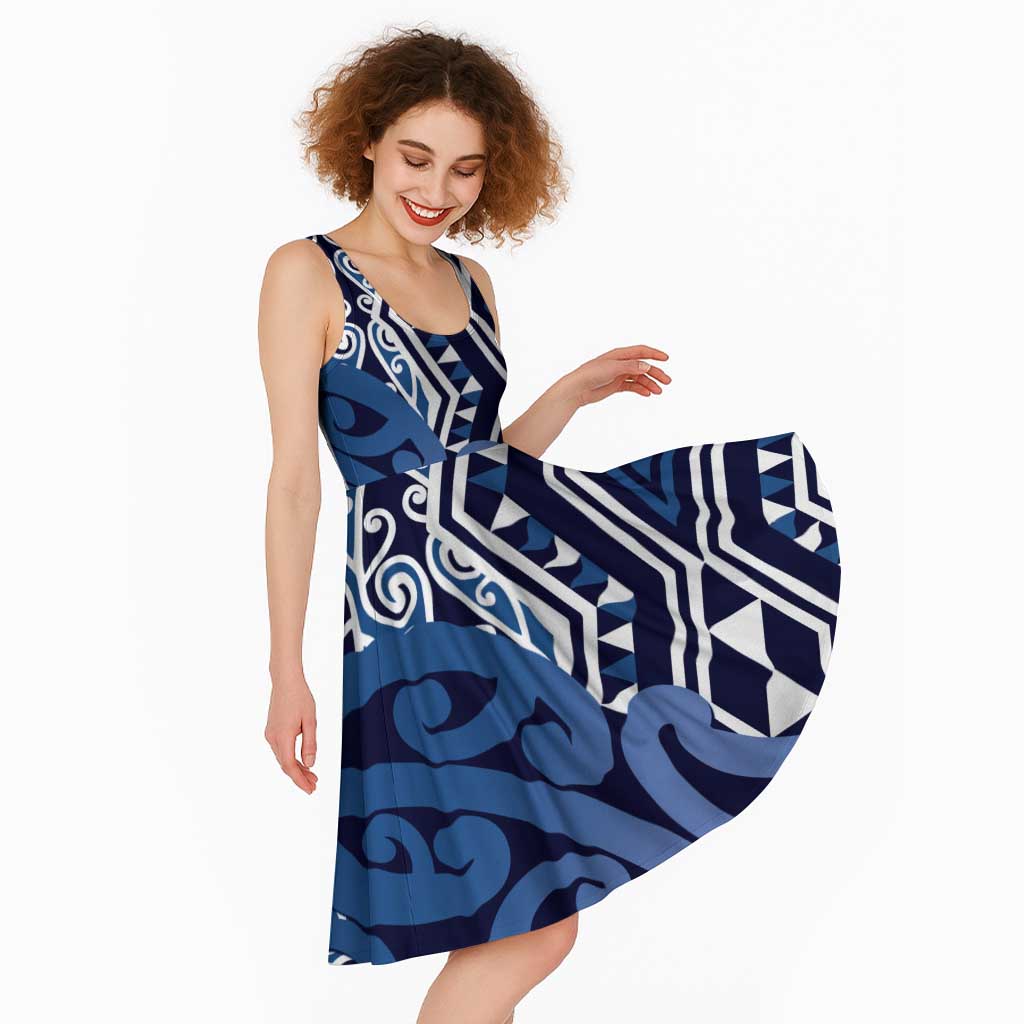 New Zealand Midi Dress Aotearoa Kowhaiwhai Mix Taniko Art - Blue