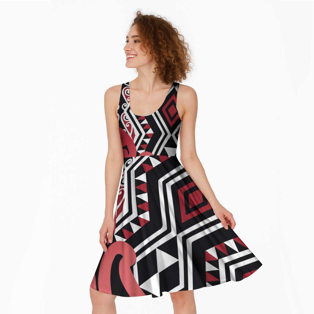 New Zealand Midi Dress Aotearoa Kowhaiwhai Mix Taniko Art - Red