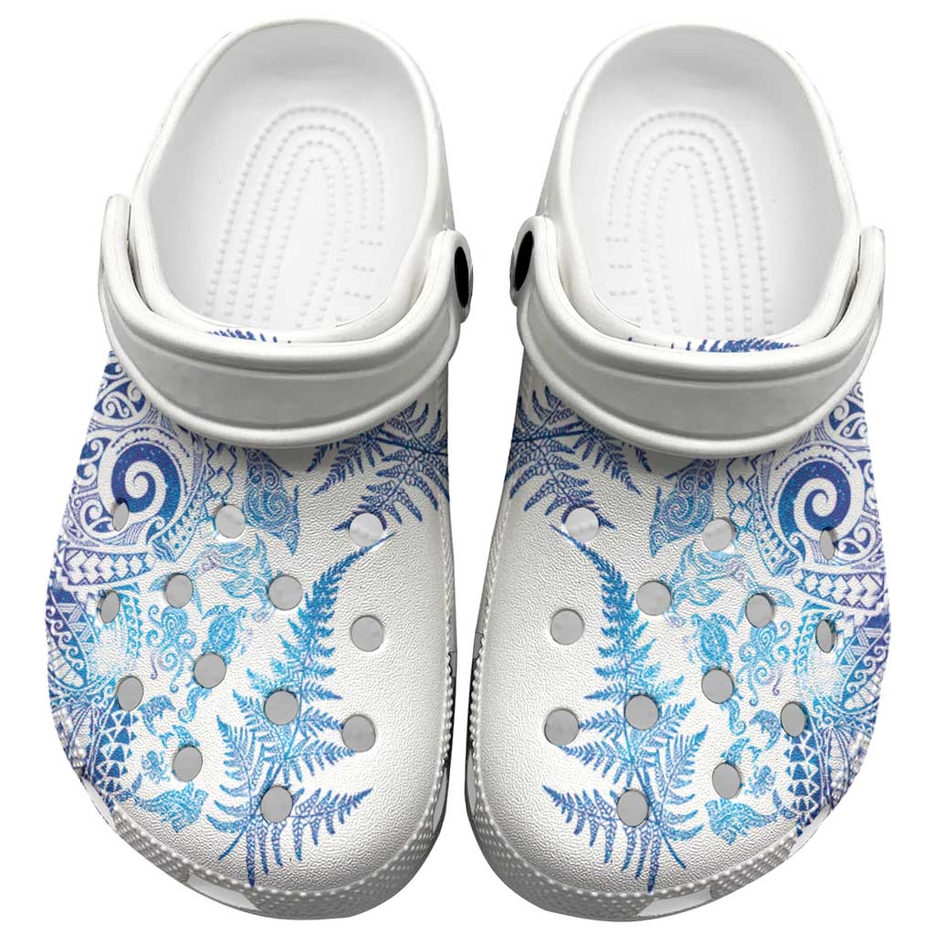 New Zealand Sea Animals Clogs Shoes with Maori Koru Tribal Tattoo and Silver Ferns Galaxy Style