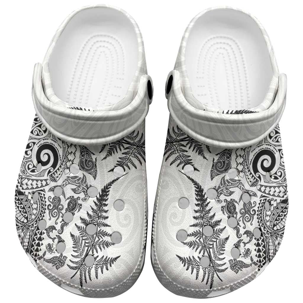 New Zealand Sea Animals Clogs Shoes with Maori Koru Tribal Tattoo and Silver Ferns White Color