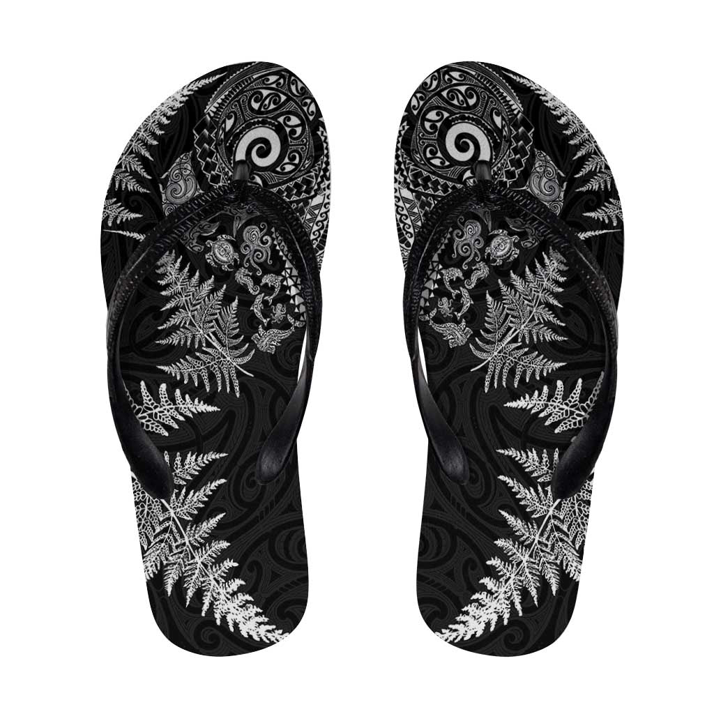 New Zealand Sea Animals Flip Flops with Maori Koru Tribal Tattoo and Silver Ferns Black Color