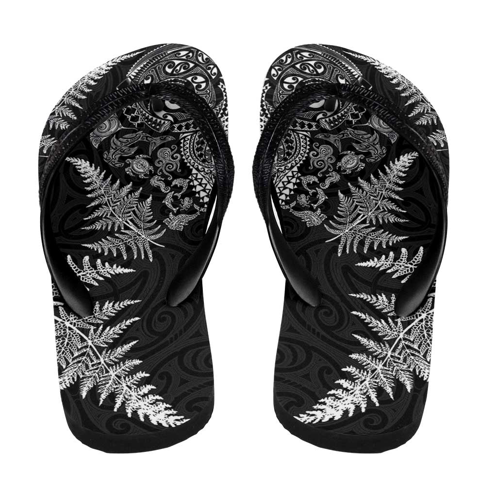 New Zealand Sea Animals Flip Flops with Maori Koru Tribal Tattoo and Silver Ferns Black Color LT03 - Polynesian Pride