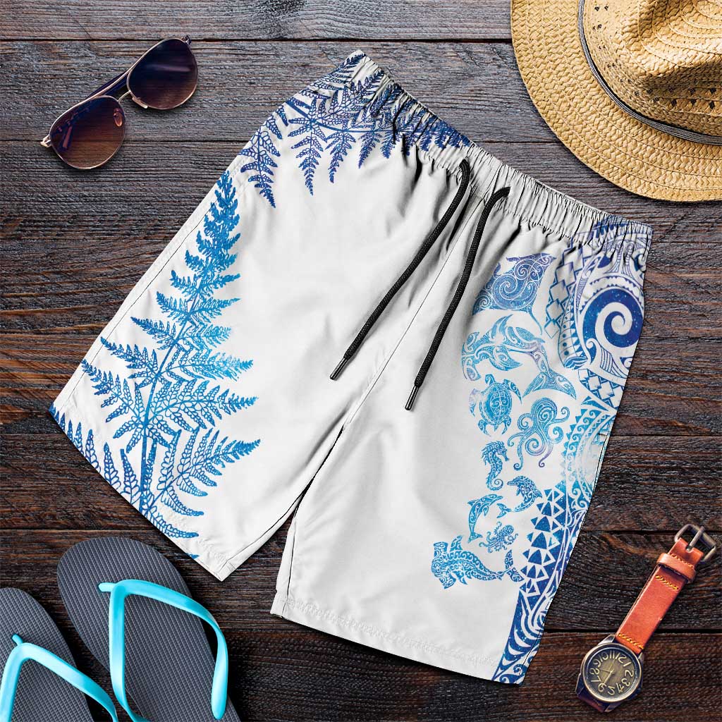 New Zealand Sea Animals Shorts for Men with Maori Koru Tribal Tattoo and Silver Ferns Galaxy Style