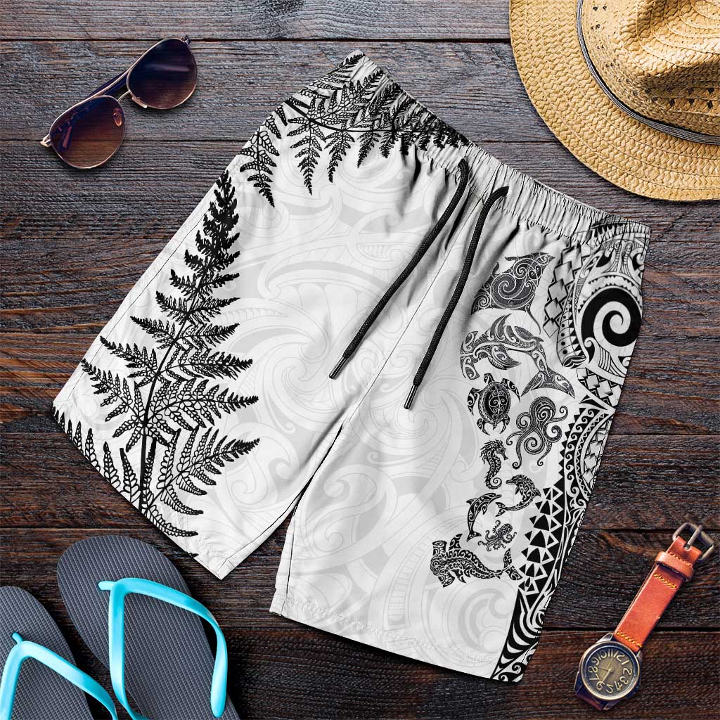 New Zealand Sea Animals Shorts for Men with Maori Koru Tribal Tattoo and Silver Ferns White Color