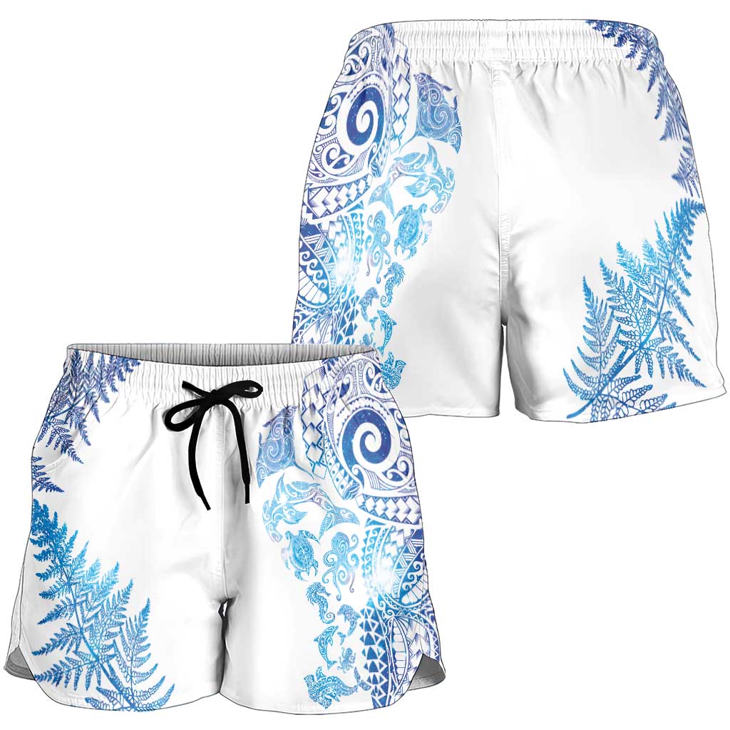 New Zealand Sea Animals Shorts for Women with Maori Koru Tribal Tattoo and Silver Ferns Galaxy Style