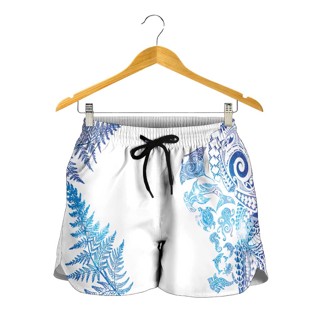 New Zealand Sea Animals Shorts for Women with Maori Koru Tribal Tattoo and Silver Ferns Galaxy Style