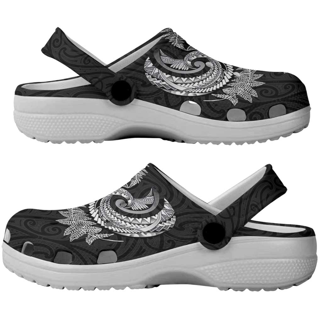 New Zealand Sea Animals with Maori Tribal Tattoo Clogs Shoes Shark Manta Ray with Silver Fern Black