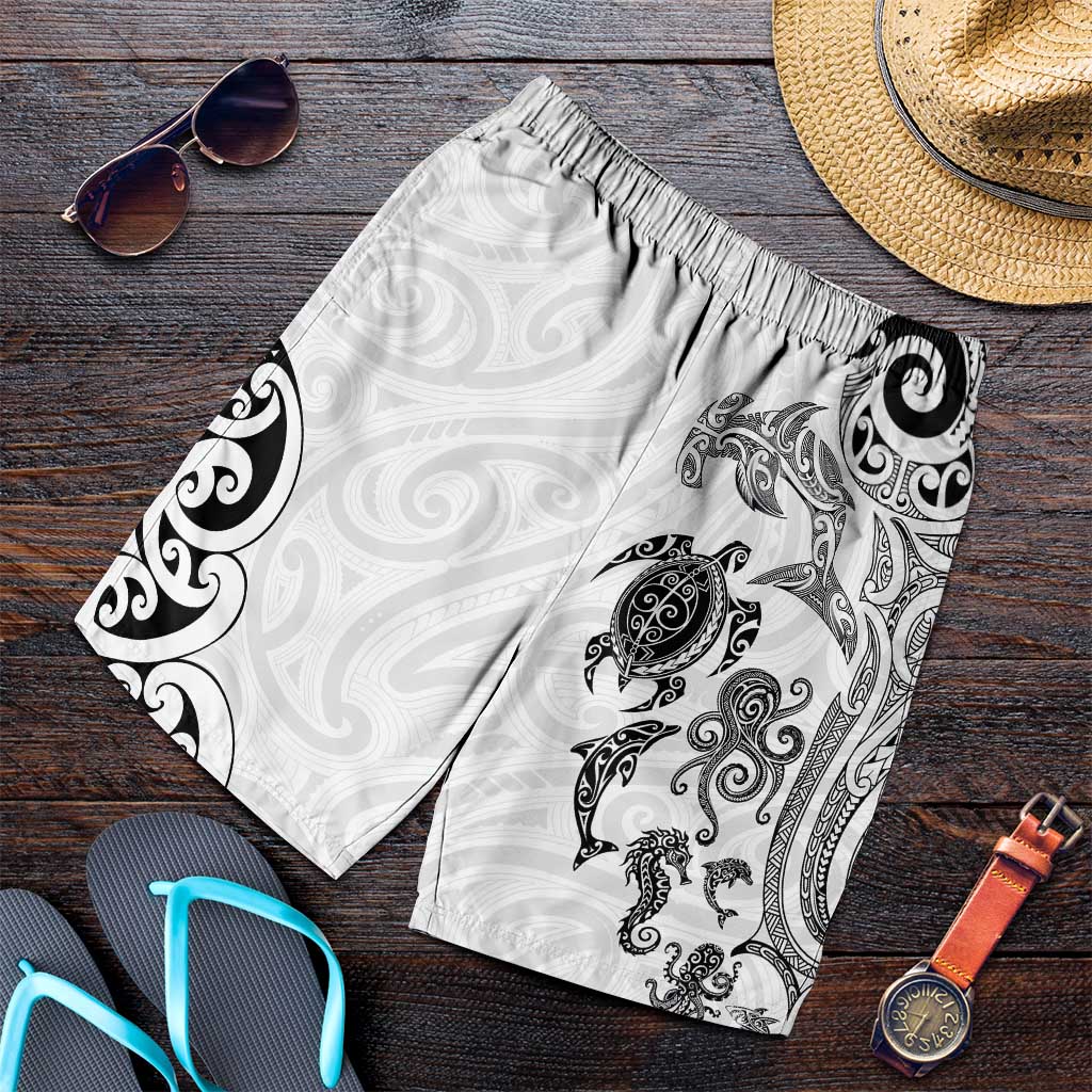 New Zealand Sea Animals with Maori Tribal Tattoo Shorts for Men White Color