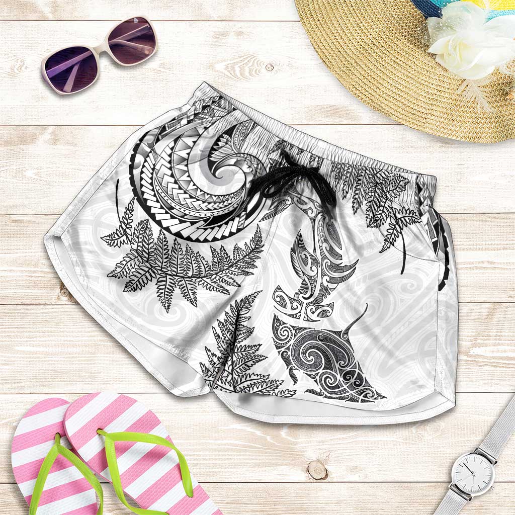 New Zealand Sea Animals with Maori Tribal Tattoo Shorts for Women Shark Manta Ray with Silver Fern White