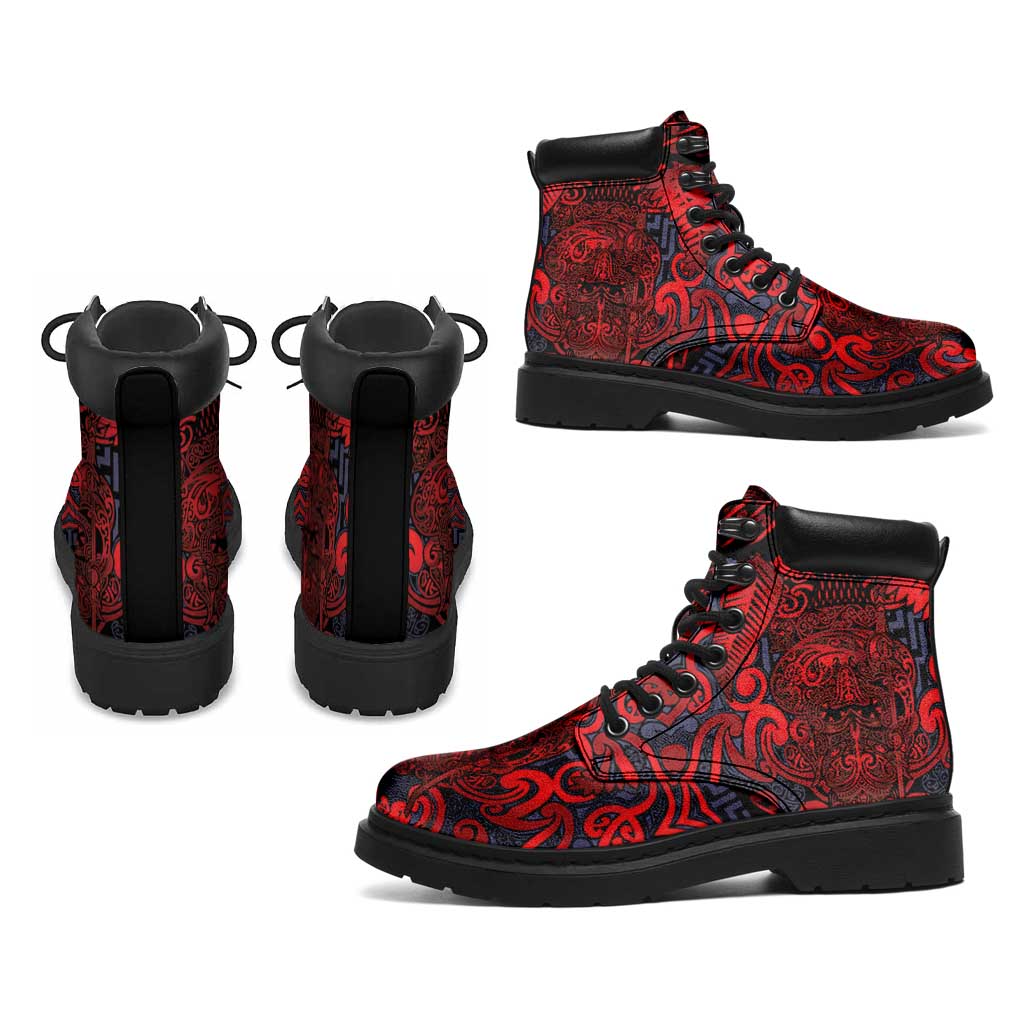 New Zealand Taiaha Maori All Season Boots Whero Minimalist Silver Fern Tukutuku Motif