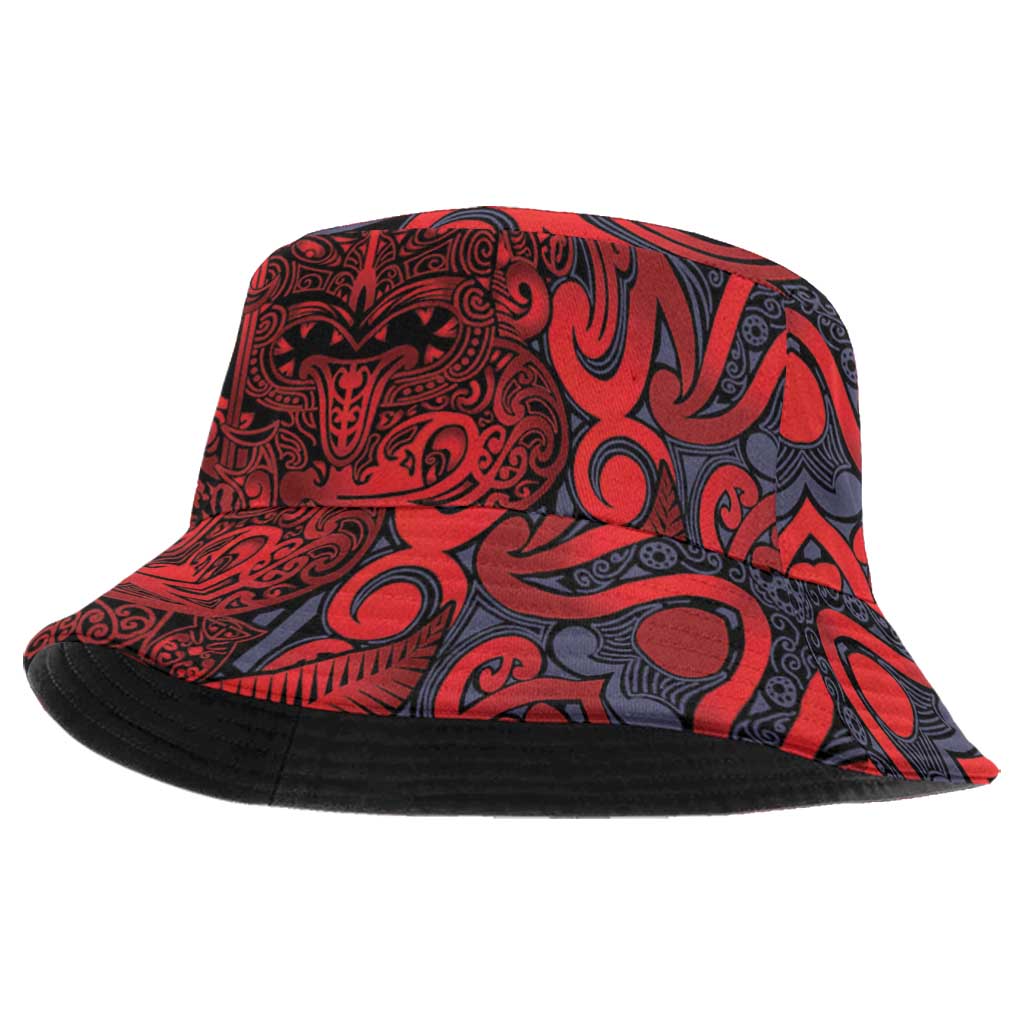 New Zealand Taiaha Maori Bucket Hat Whero Minimalist Silver Fern Tukutuku Motif