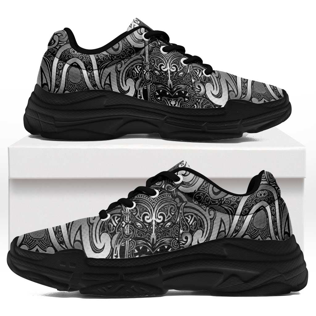 New Zealand Taiaha Maori Chunky Sneakers Kiwikiwi Minimalist Silver Fern Tukutuku Motif