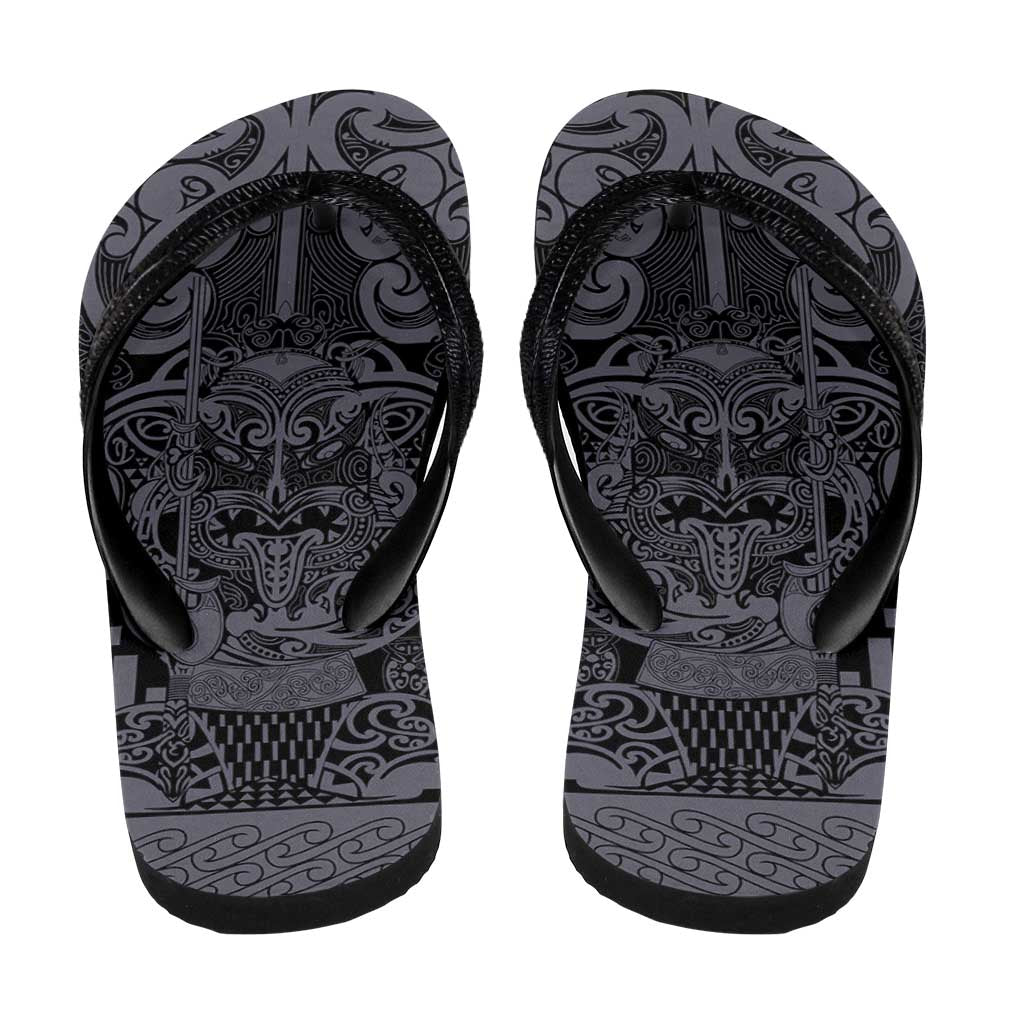 New Zealand Taiaha Maori Flip Flops Minimalist Silver Fern All Black - Polynesian Pride