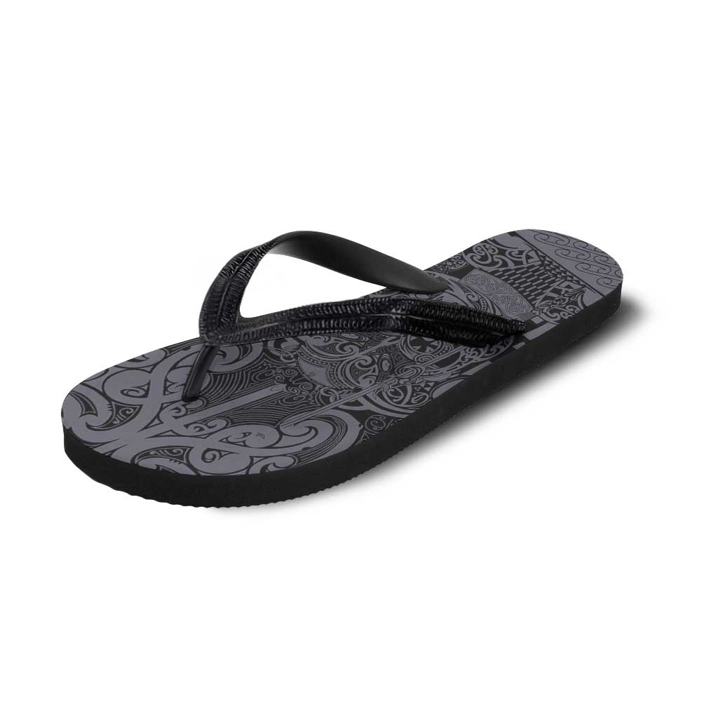 New Zealand Taiaha Maori Flip Flops Minimalist Silver Fern All Black - Polynesian Pride