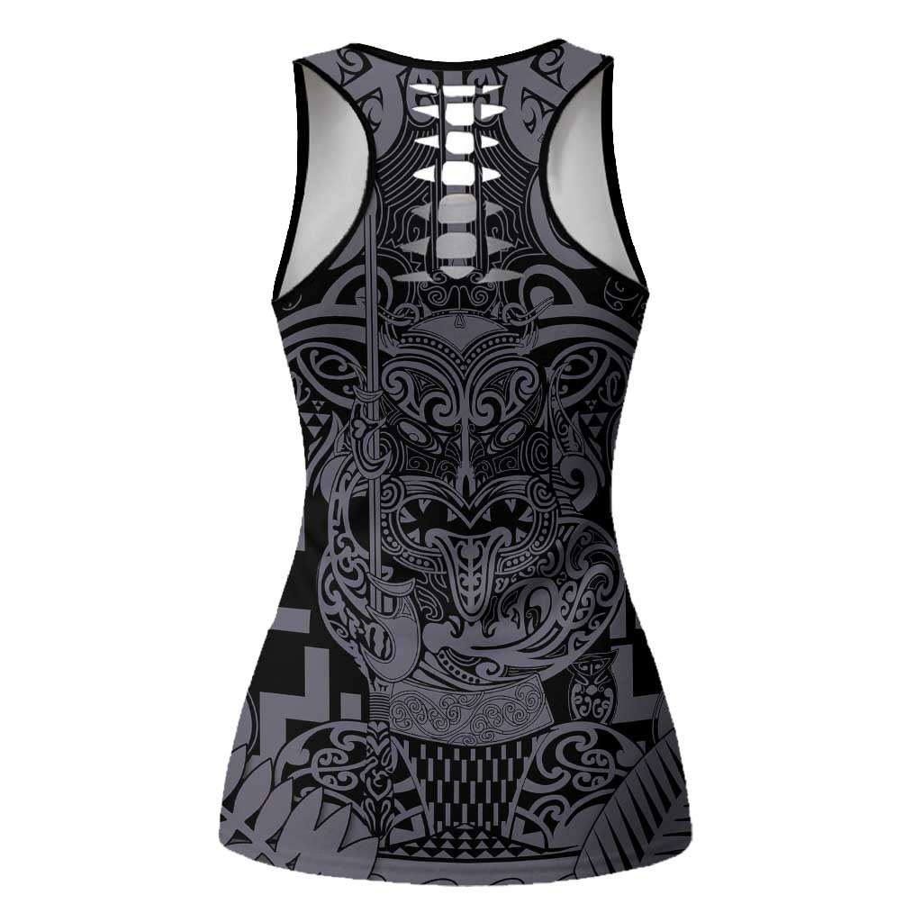 New Zealand Taiaha Maori Hollow Tank Top Minimalist Silver Fern All Black - Polynesian Pride