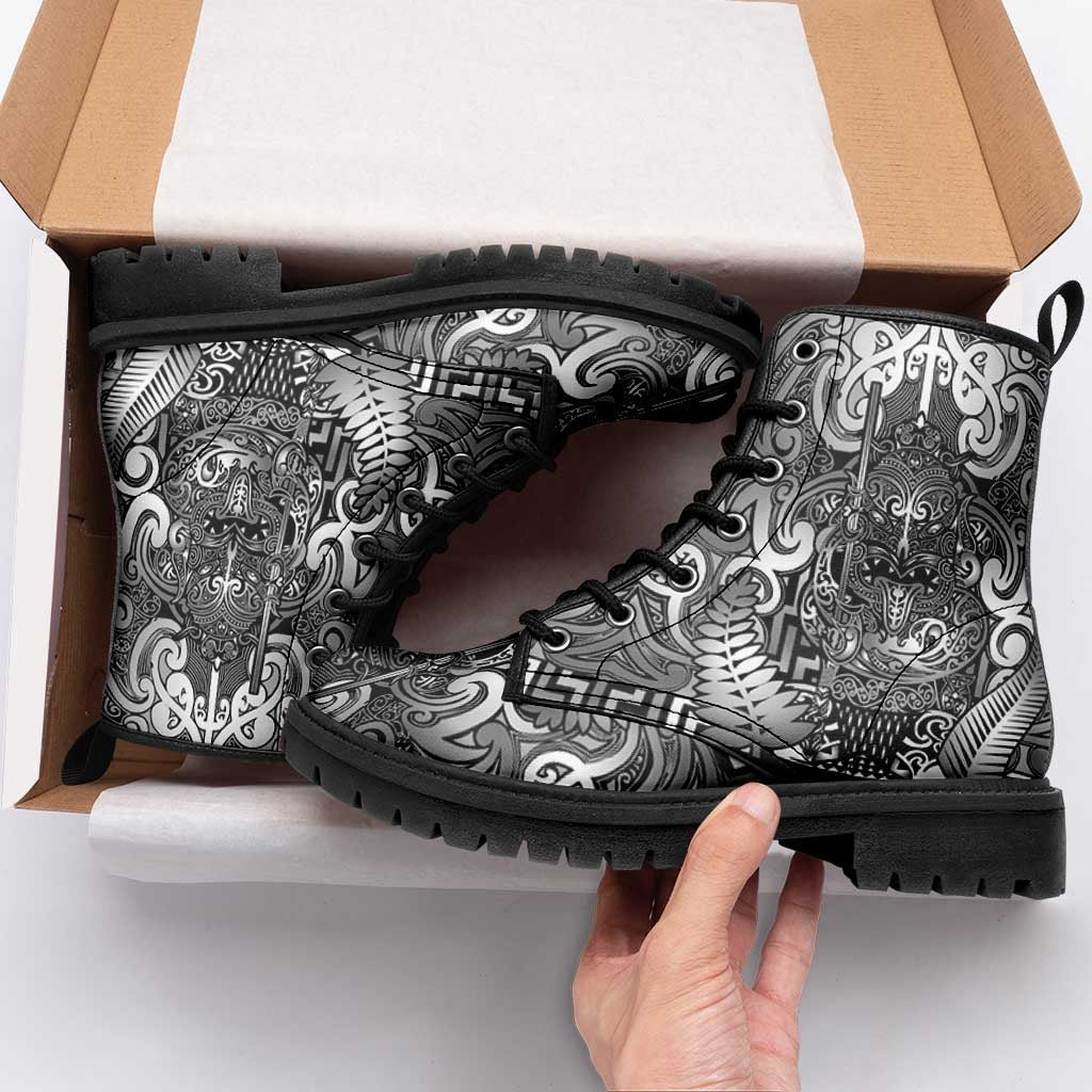 New Zealand Taiaha Maori Leather Boots Kiwikiwi Minimalist Silver Fern Tukutuku Motif