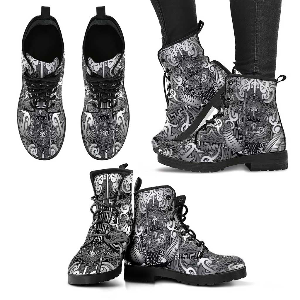 New Zealand Taiaha Maori Leather Boots Kiwikiwi Minimalist Silver Fern Tukutuku Motif